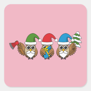 Three Funny Christmas Gnome Owls Square Sticker