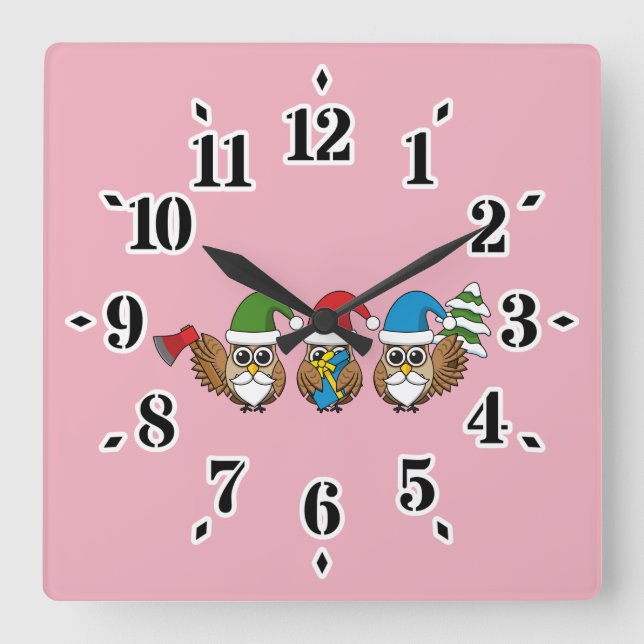 Three Funny Christmas Gnome Owls Square Wall Clock (Front)