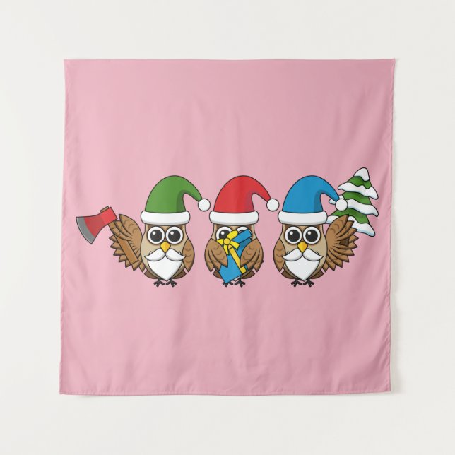 Three Funny Christmas Gnome Owls Tapestry (Front)