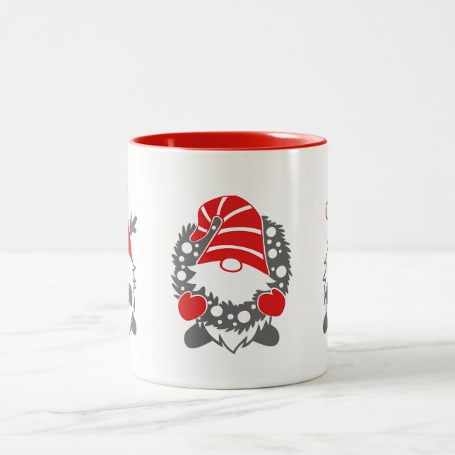 Three Funny Gnomes | Christmas Holidays  Festive Two-Tone Coffee Mug (Center)