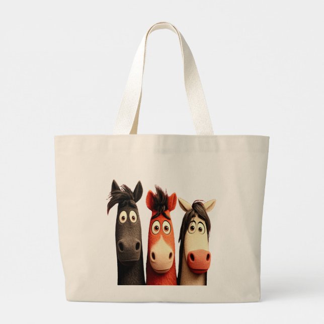 Three Funny Horses Large Tote Bag (Back)