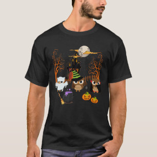 Three Funny Owls Witch Skeleton Pumpkin Halloween T-Shirt