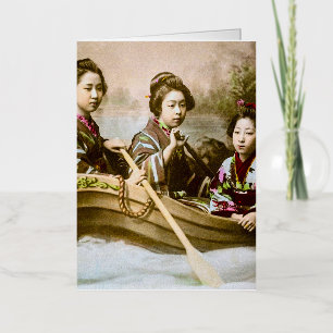 Three Geisha in a Row Boat Vintage Glass Slide Foil Greeting Card