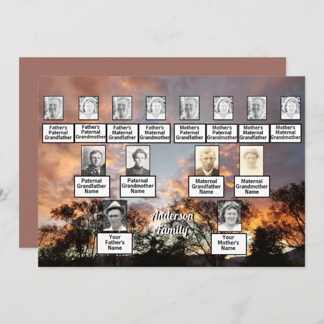 Three Generation Photo Tree Line with Orange Sunse Invitation (Front/Back)