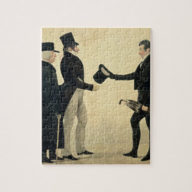 Three Gentlemen Greeting Each Other (w/c and ink w Jigsaw Puzzle (Vertical)