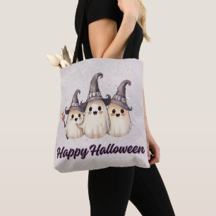 Three Ghosts Witch's Hats Silver Happy Halloween Tote Bag