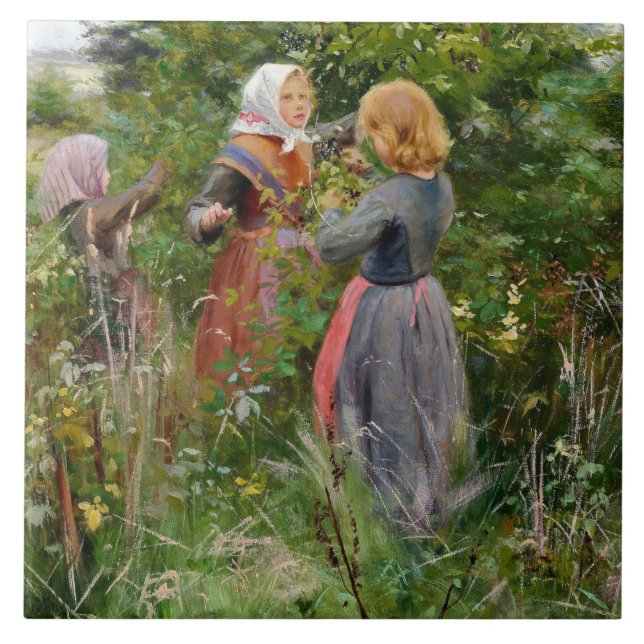 Three Girls Picking Blackberries (by Brendekilde) Ceramic Tile (Front)