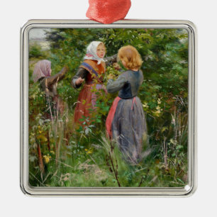Three Girls Picking Blackberries (by Brendekilde) Metal Ornament