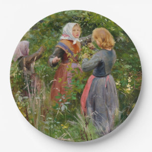 Three Girls Picking Blackberries (by Brendekilde) Paper Plate