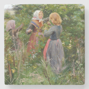 Three Girls Picking Blackberries (by Brendekilde) Stone Coaster