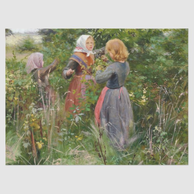 Three Girls Picking Blackberries (by Brendekilde) Tissue Paper (Front)
