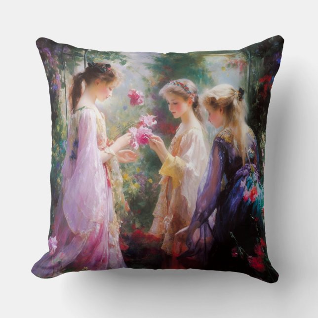 Three girls playing in a garden  cushion (Front)