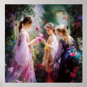 Three girls playing in a garden  poster