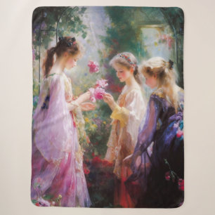 Three girls playing in a garden sherpa blanket