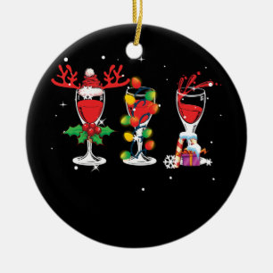 Three Glass of Red Wine Santa Hat Christmas Ceramic Ornament