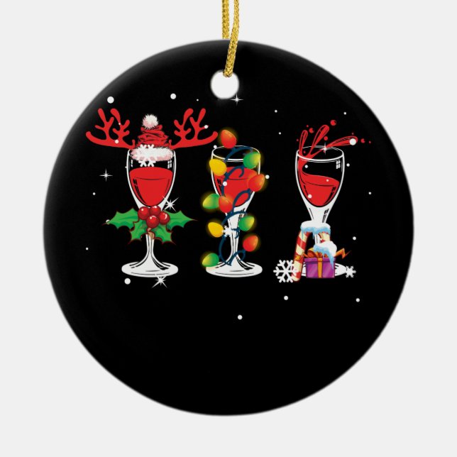 Three Glass of Red Wine Santa Hat Christmas Ceramic Ornament (Front)