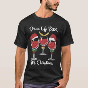 Three Glass of Red Wine Santa Hat  Christmas T-Shirt