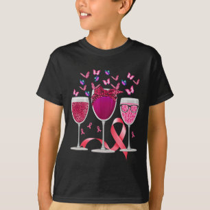 Three Glass Wine Breast Cancer Awareness Pink Ribb T-Shirt