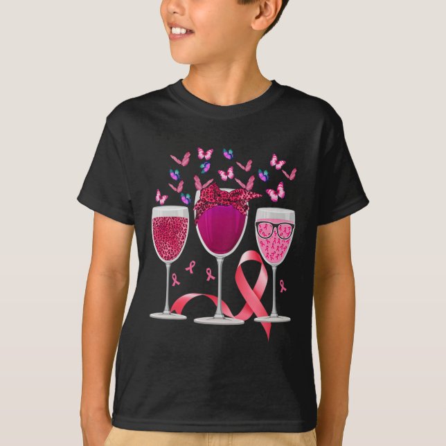 Three Glass Wine Breast Cancer Awareness Pink Ribb T-Shirt (Front)
