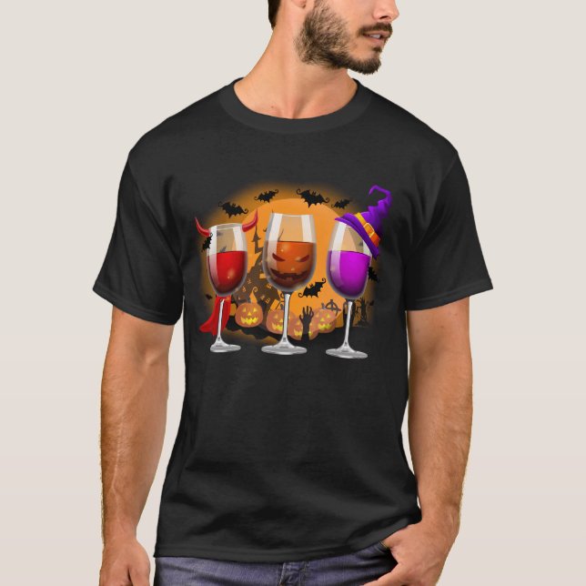 Three Glasses Of Wines Halloween Wine T-Shirt (Front)