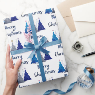 Three glitter christmas tree with star- merry wrapping paper