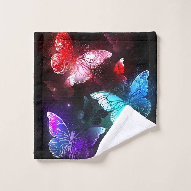 Three Glowing Butterflies on night background Bath Towel Set (Wash Cloth)