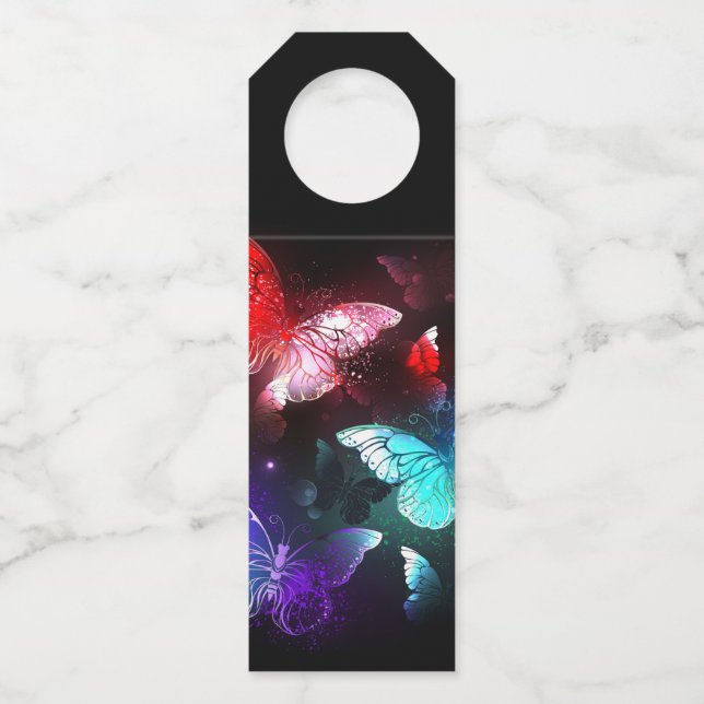 Three Glowing Butterflies on night background Bottle Tag (Front)