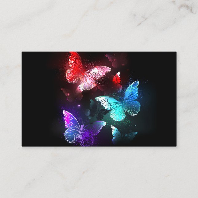 Three Glowing Butterflies on night background Business Card (Front)