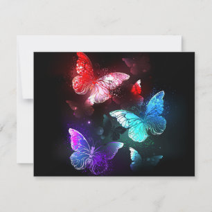 Three Glowing Butterflies on night background Card