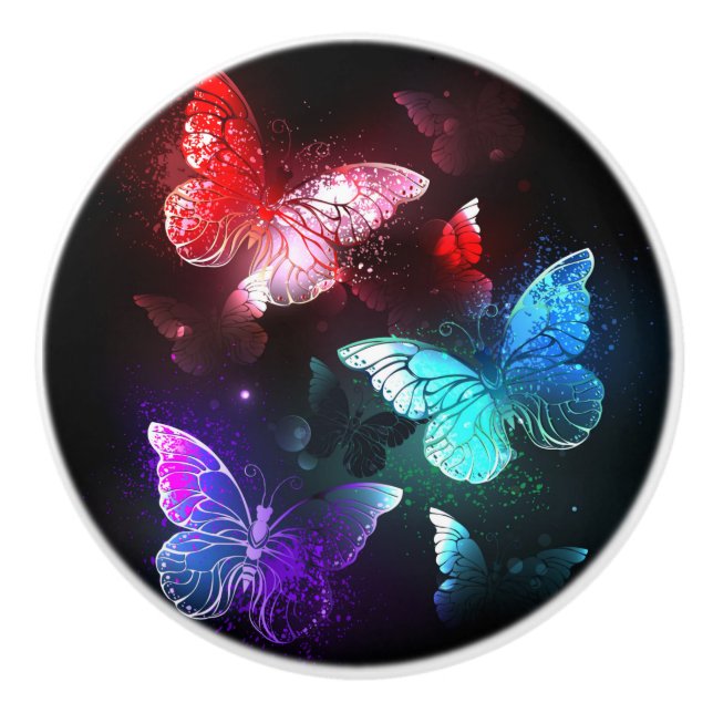 Three Glowing Butterflies on night background Ceramic Knob (Front)