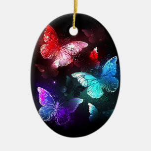 Three Glowing Butterflies on night background Ceramic Ornament