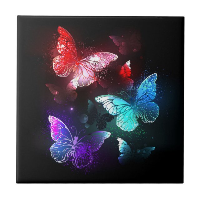 Three Glowing Butterflies on night background Ceramic Tile (Front)