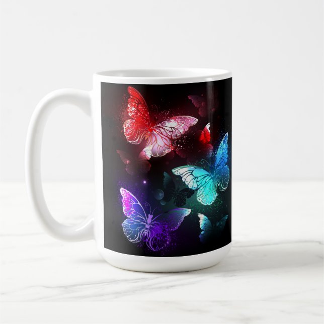 Three Glowing Butterflies on night background Coffee Mug (Left)