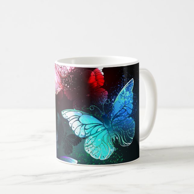 Three Glowing Butterflies on night background Coffee Mug (Front Right)