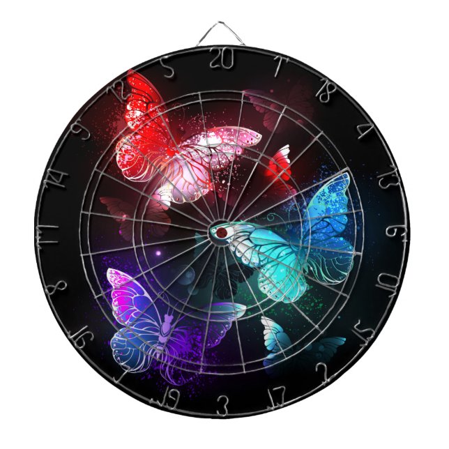 Three Glowing Butterflies on night background Dartboard (Front)