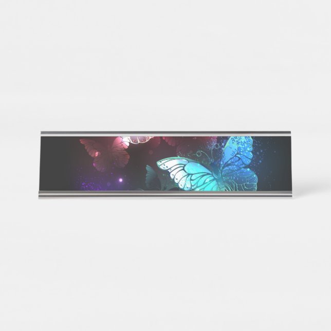 Three Glowing Butterflies on night background Desk Name Plate (Front)
