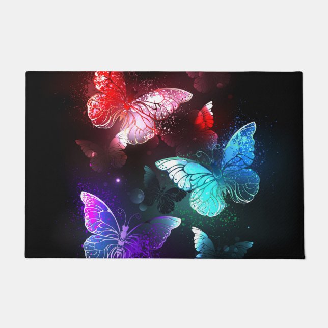 Three Glowing Butterflies on night background Doormat (Front)
