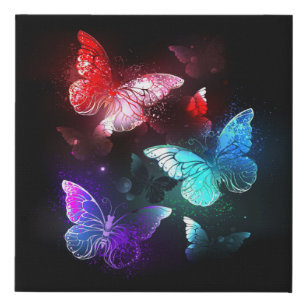 Three Glowing Butterflies on night background Faux Canvas Print