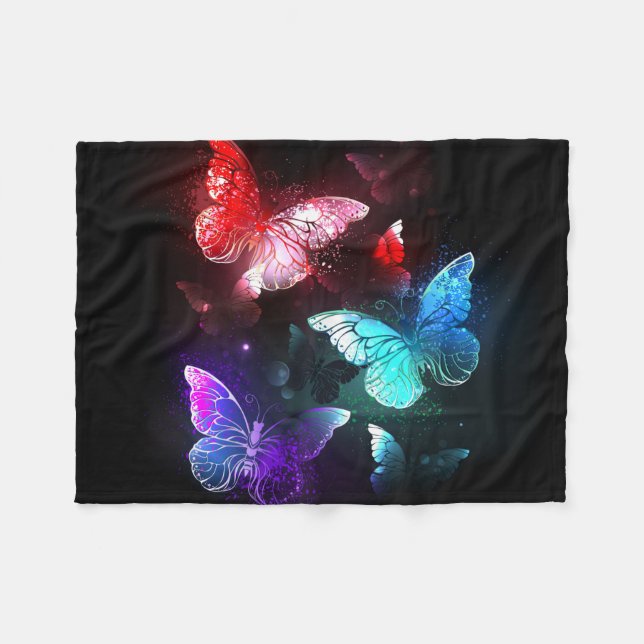Three Glowing Butterflies on night background Fleece Blanket (Front (Horizontal))