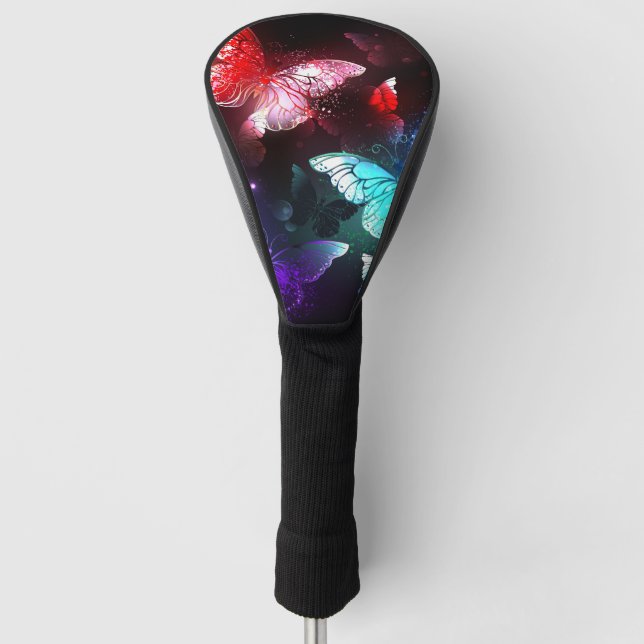 Three Glowing Butterflies on night background Golf Head Cover (Front)
