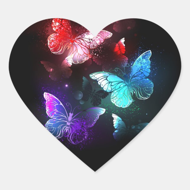 Three Glowing Butterflies on night background Heart Sticker (Front)