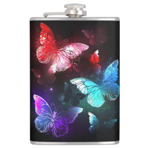 Three Glowing Butterflies on night background Hip Flask