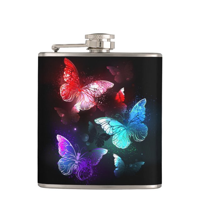 Three Glowing Butterflies on night background Hip Flask (Front)