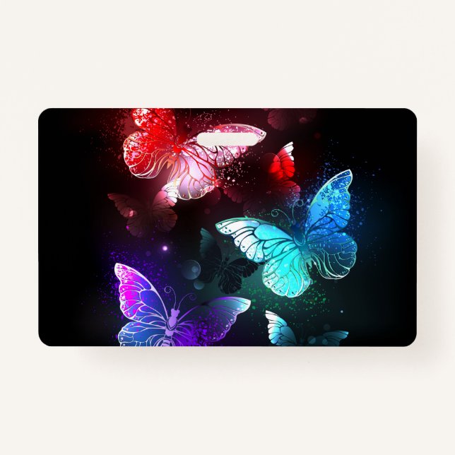Three Glowing Butterflies on night background ID Badge (Front)