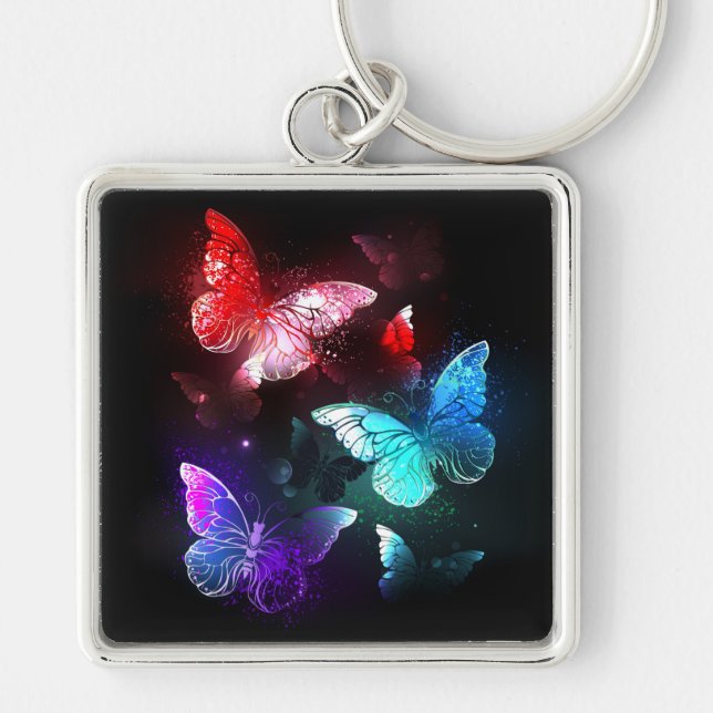 Three Glowing Butterflies on night background Key Ring (Front)