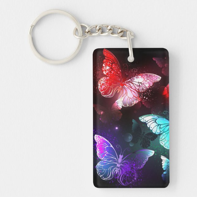 Three Glowing Butterflies on night background Key Ring (Front)