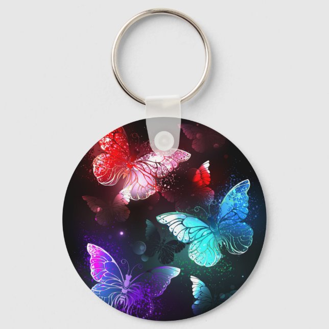 Three Glowing Butterflies on night background Key Ring (Front)