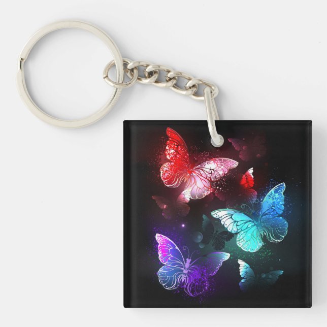Three Glowing Butterflies on night background Key Ring (Front)