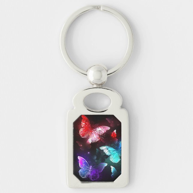 Three Glowing Butterflies on night background Key Ring (Front)