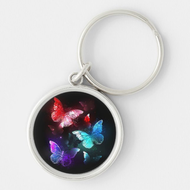 Three Glowing Butterflies on night background Key Ring (Front)